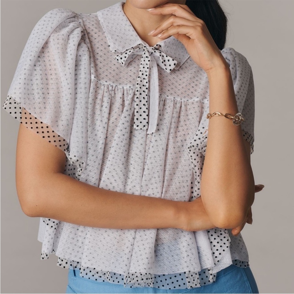 Anthropologie Maeve Short Sleeve Bow Collared Sheer Swing Blouse NWT Size XS